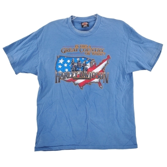 Vtg Harley Davidson Blue T-Shirt Single Stitch Men XL USA Flag Burt’s Cycle Cntr - Picture 5 of 16
